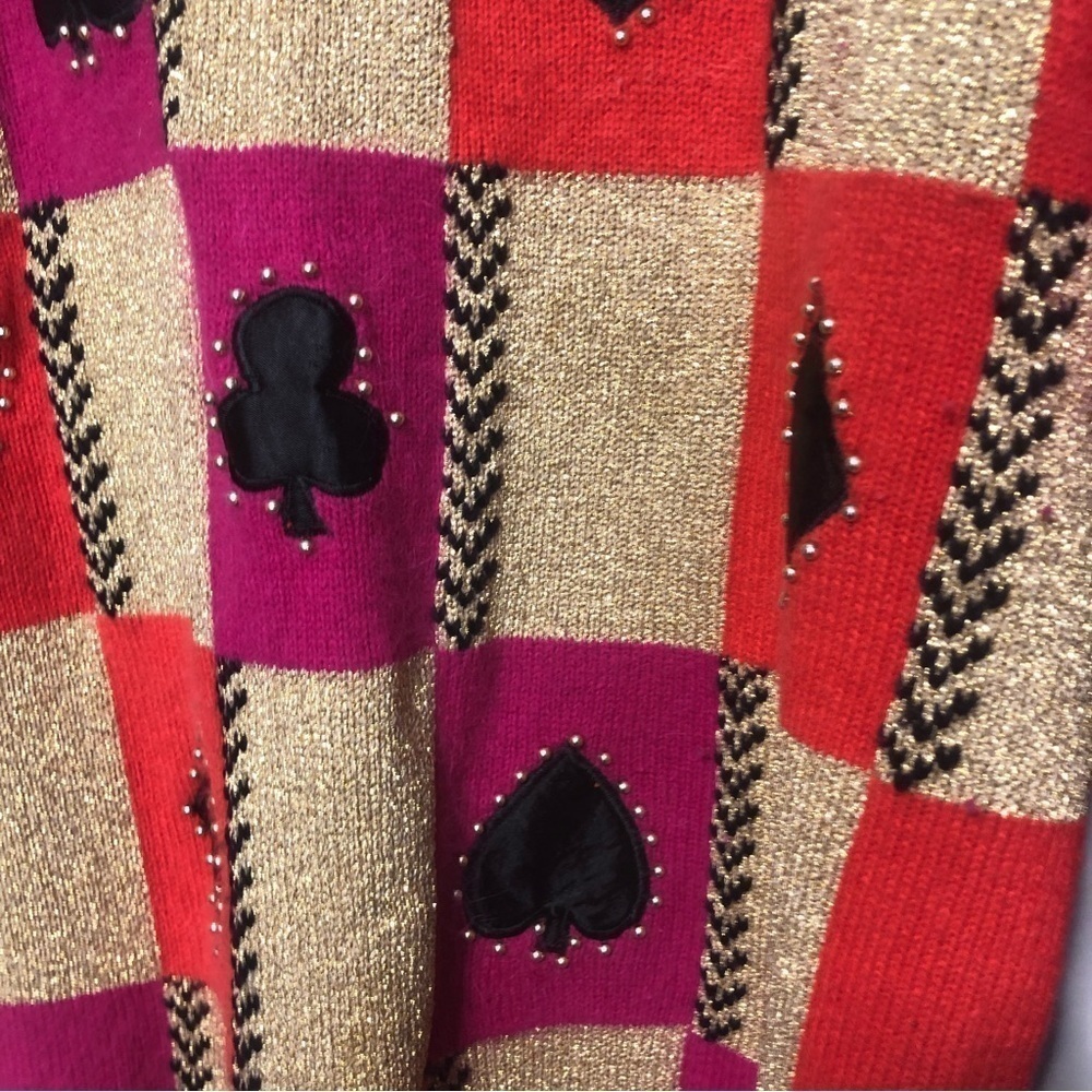 Vintage Wool Angora Patchwork Card Suits Beaded Mock Neck Sweater, size 40 (M/L) - Picture 3 of 10